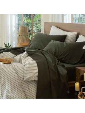 NEW MooMee Bedding Sheet Set 100% Cotton. Solid Olive Green, Queen